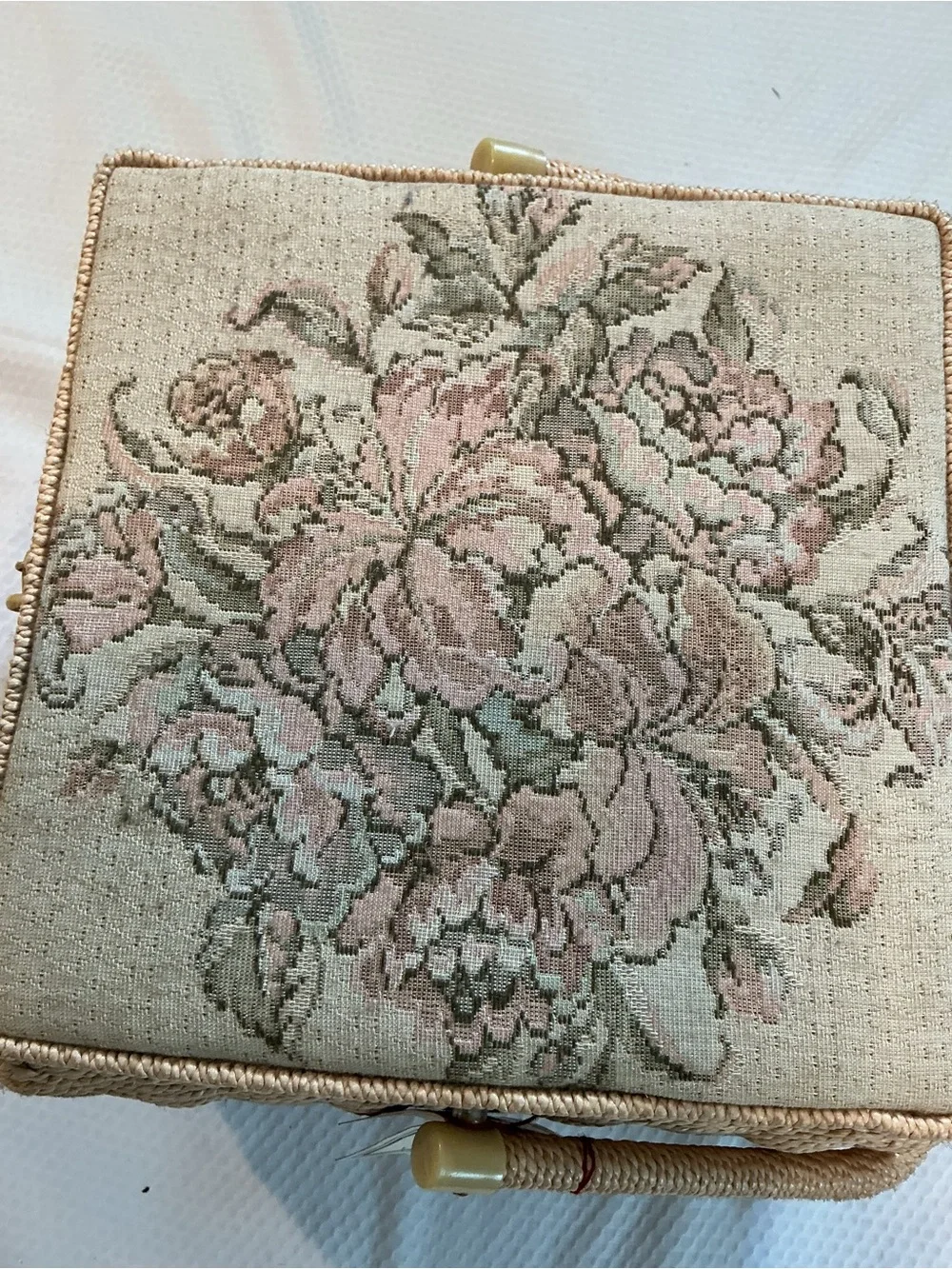Woven Floral Needlepoint Sewing Basket in Cream and Pink